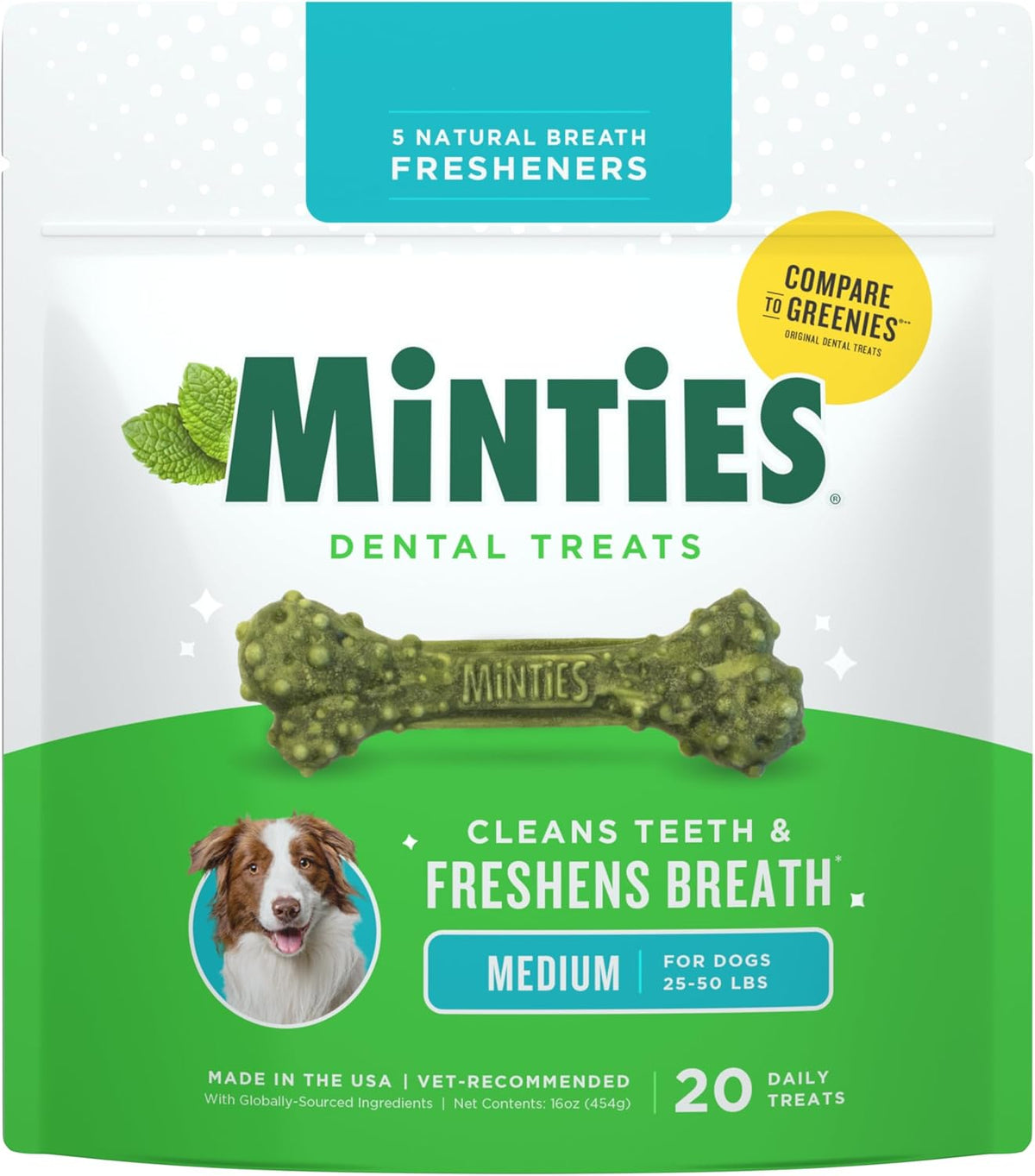 Mint Dental Chews for Dogs, Medium 25-50 Lbs, 20 Ct