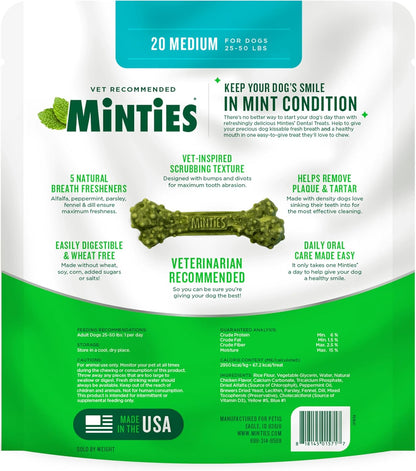 Mint Dental Chews for Dogs, Medium 25-50 Lbs, 20 Ct